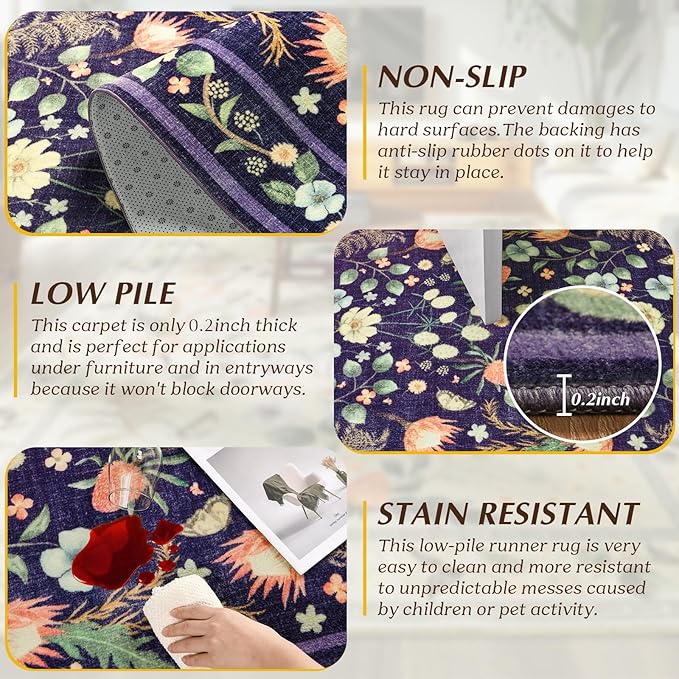 Area Rugs for Living Room, Washable 5x7 Vintage Rug for Bedroom, Non-Slip Floral Carpet for Home Office Nursery Dining Room Kitchen, Purple