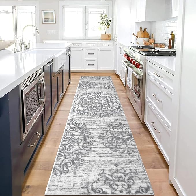 HEBE Hallway Runner Rug 2'x8' Washable Vintage Distressed Area Rugs Non Slip Laundry Rug Runner Boho Floor Carpet Runners for Hallways Entryway Laundry Room Kitchen Bathroom,Grey