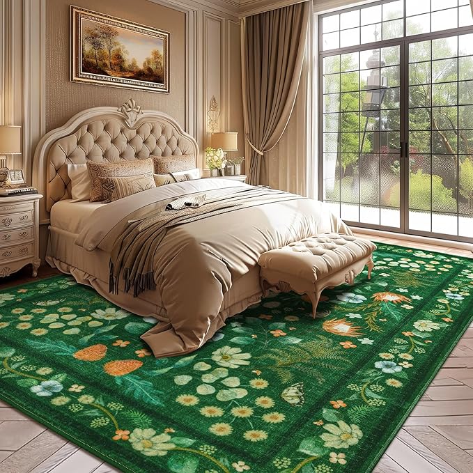 Area Rugs for Living Room, Washable 5x7 Vintage Rug for Bedroom, Non-Slip Floral Carpet for Home Office Nursery Dining Room Kitchen, Green