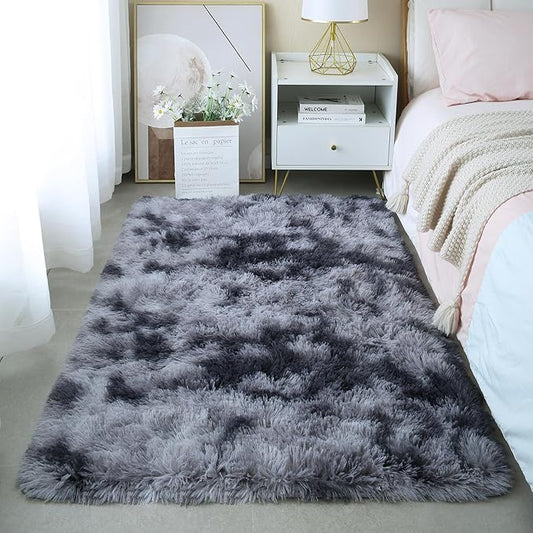 3x5 Dark Grey Fluffy Shag Rug for Bedroom, Soft Plush Fuzzy Washable Floor Non Slip Small Carpet for Living Room, Modern Comfy Furry Shaggy Area Rugs for Kids Baby Nursery Dorm, Tie-Dye Gray