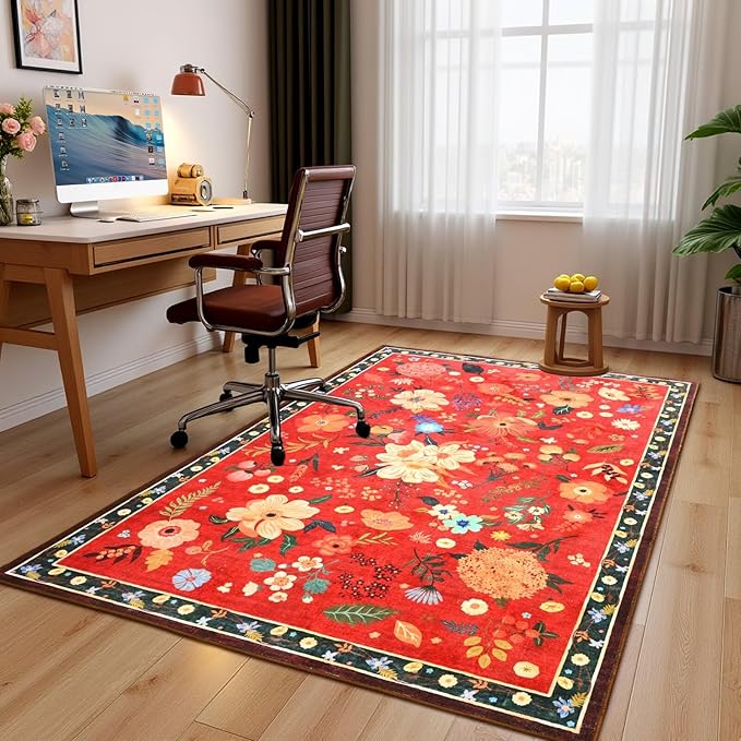 4x6 Floral Rug for Girls Bedroom, Machine Washable Area Rugs with Non Slip Backingfor Living Room, Cute Flowers Carpet Kitchen Dining Room Kids Playroom Decor, Red