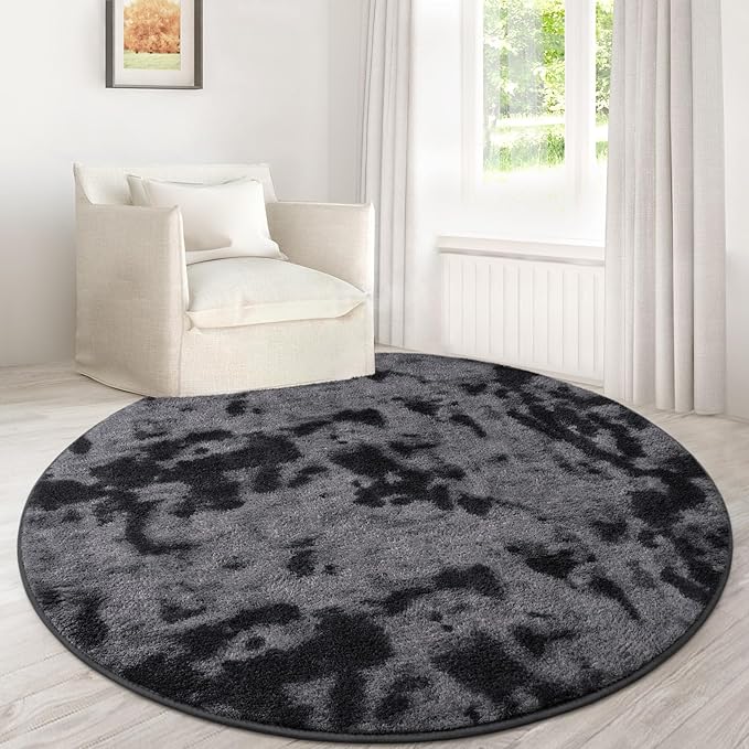 Lascpt Round Rug for Bedroom 6x6, Tie-Dyed Deep Grey Circle Rug for Living Room Super Soft Thicken Memory Foam Circular Rug, Indoor Area Rug for Modern Home Decor, Round Carpet for Nursery Kid's Room