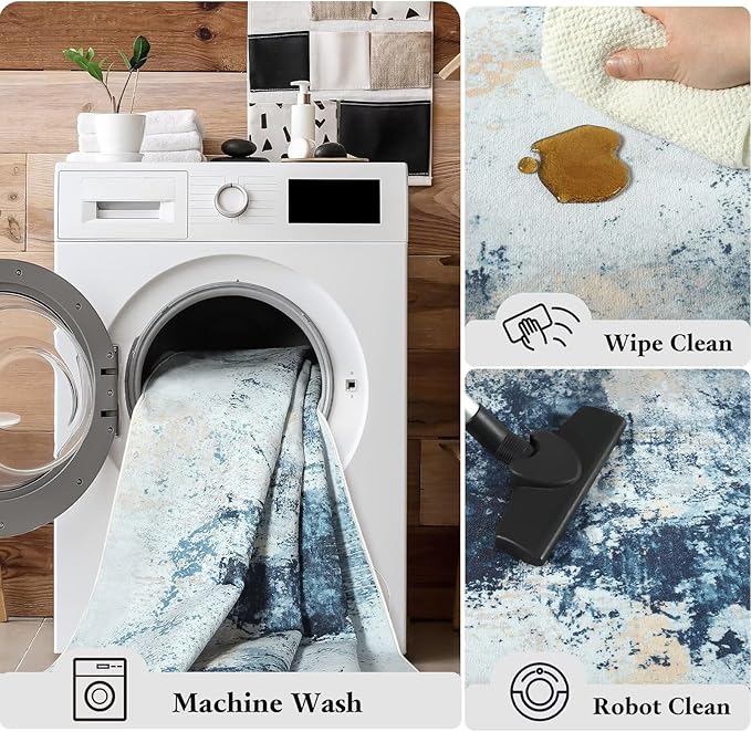 Washable Abstract Rug, 5x7 Modern Area Rugs with Non-Slip Rubber Backed for Living Room, Thin but Soft Contemporary Carpet Kitchen Bedroom Dining Room Decor, Blue White