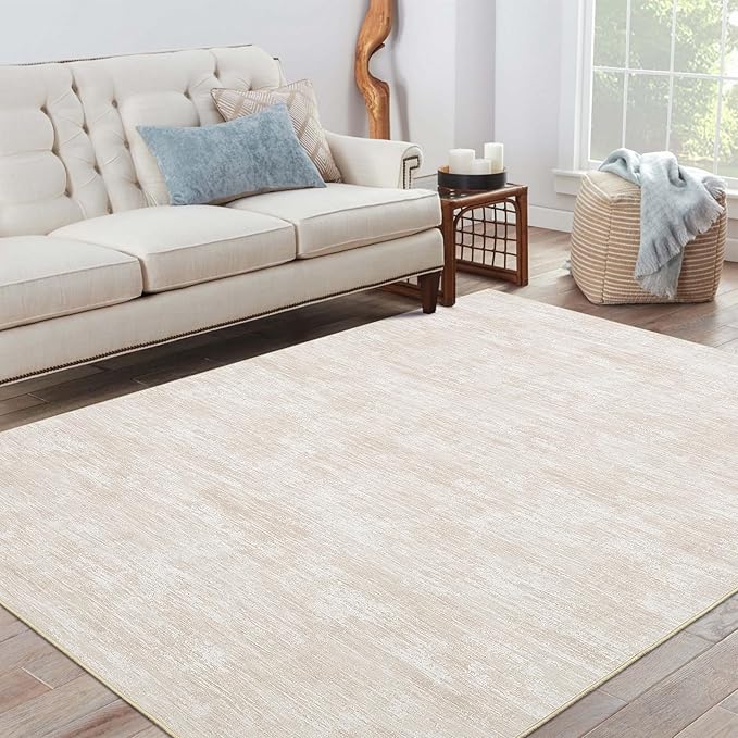 Washable Rug 10x13 for Living Room Modern Abstract Area Rug Non-Slip Large Contemporary Bedroom Rug Stain Resistant Aesthetic Accent Floor Carpet Foldable Solid Rug for Home Office, Beige