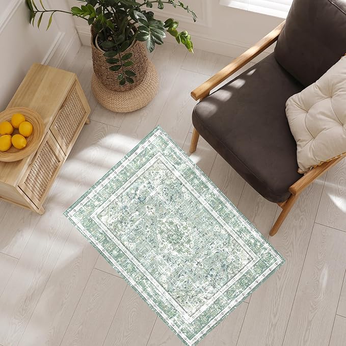 Vhong Boho Area Rugs Washable Vintage Modern Neutral Small Carpet Sage Green 2×3 High Traffic Rugs Doormat for Bathroom Kitchen Entryway Non Slip
