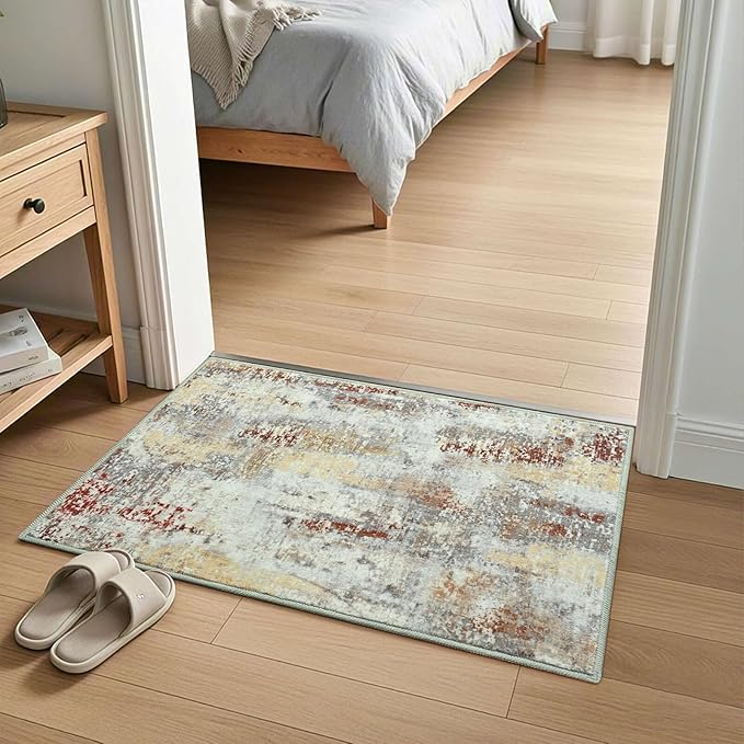 2x3 Washable Small Area Rug, Abstract Non-Slip Door Mat, Modern Low Pile Indoor Entryway Rugs, Tan Stain Resistant Throw Carpet for Front Door, Kitchen, Entry, Inside Entrance