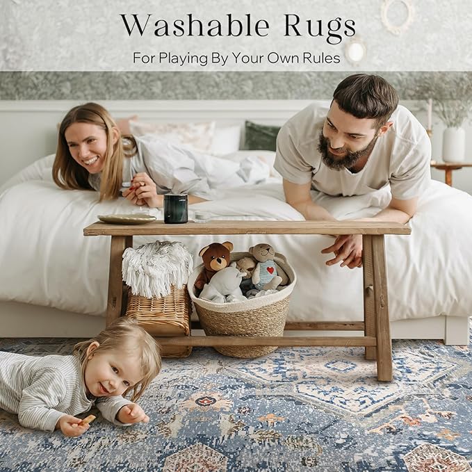 Phantoscope Vintage Collection Area Rug 6'x9' - Large Living Room Rug - Washable Rug Boho Rugs Non-Slip for Bedroom Dining Room, Low-Pile Floor Carpet Distressed Accent Rug, Dusty Blue/Multi