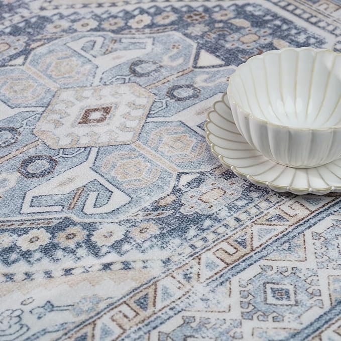 6x9 Area Rugs for Living Room:Washable Oriental Rug for Bedroom Dining Room Carpet 6 by 9 Indoor Non Slip Rubber Backing Neutral Nursery Dorm Home Office Kids 6X9 Blue