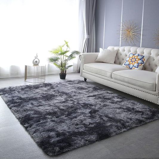 CAIYUECS Shag Area Rug,Indoor Ultra Soft Plush Rugs for Bedroom Living Room, Non-Skid Modern Nursery Faux Fur Rugs for Kids Room Home Decor (Tie-Dyed Dark Gray, 4x6 Feet)