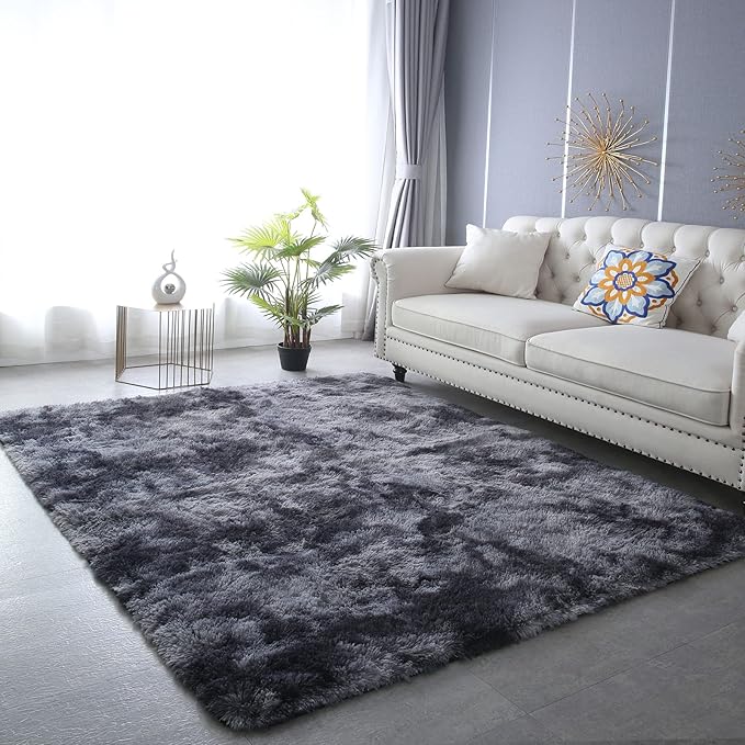 CAIYUECS Grey Shag Area Rug,for Bedroom: Indoor Ultra Soft Plush Rugs for Bedroom Living Room, Non-Skid Modern Nursery Faux Fur Rugs for Kids Room Home Decor (Tie-Dyed Dark Gray, 3x5 Feet)