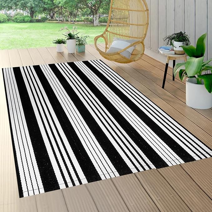 BUAGETUP Black and White Striped Outdoor Patio Rug 4' x 6',Hand Woven Cotton Patio Rug Front Porch Rug Indoor Outdoor Area Rug for Bedroom/Living/Room/Patio