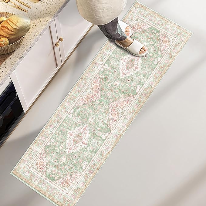 Vhong Washable Area Rugs Boho Vintage Modern Neutral Small Carpet Green and Pink High Traffic Rugs 2×6 for for Kitchen Hallway Living Room Non Slip