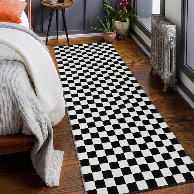 Seavish Checkered Rug 2x6 Ft Black and White Hallway Runner Rug Washable Indoor Outdoor Entryway Runner Rug Checkerboard Rug Reversible Area Rugs for Bedroom Bathroom Laundry Room Kitchen
