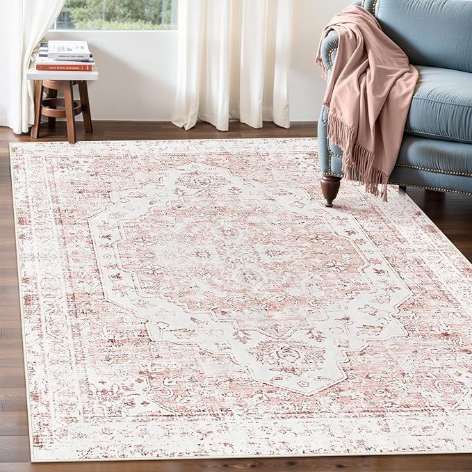 Morebes Boho 5x7 Pink Rugs for Bedroom Girls, Soft Low Pile Nursery Rug Washable Carpet for Living Room, Neutral Non Slip Indoor Floor Carpet for Kids Room Playroom Dining Room