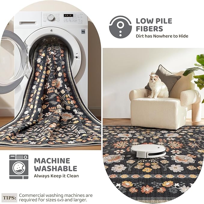 10x14 Area Rug Living Room Rugs - Washable Boho Vintage Floral Large Soft Non Slip Thin Rug Low Pile Carpet for Bedroom Dining Room Kids Playroom Office Decor Indoor- Black Grey