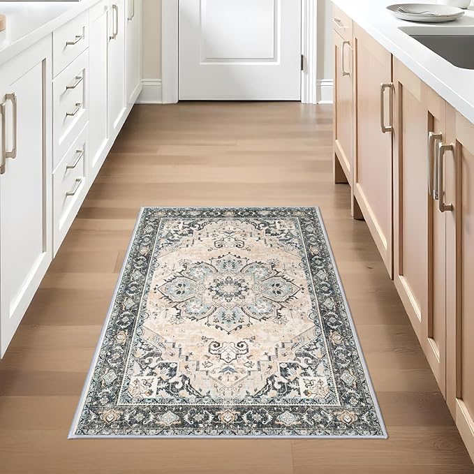 Washable Area Rug Vintage - Living Room Farmhouse Oriental Rug 2x3 Distressed Non-Slip Stain Resistant Carpet for Bedroom Dining Room Home Kitchen Office (2x3 Blue/Cream)