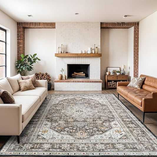 Washable Area Rug 9x12 - Bedroom Living Room Large Indoor Rugs Soft Oriental Vintage Rugs Non-Slip Backing Stain Resistant for Farmhouse Kitchen (9x12 Brown)
