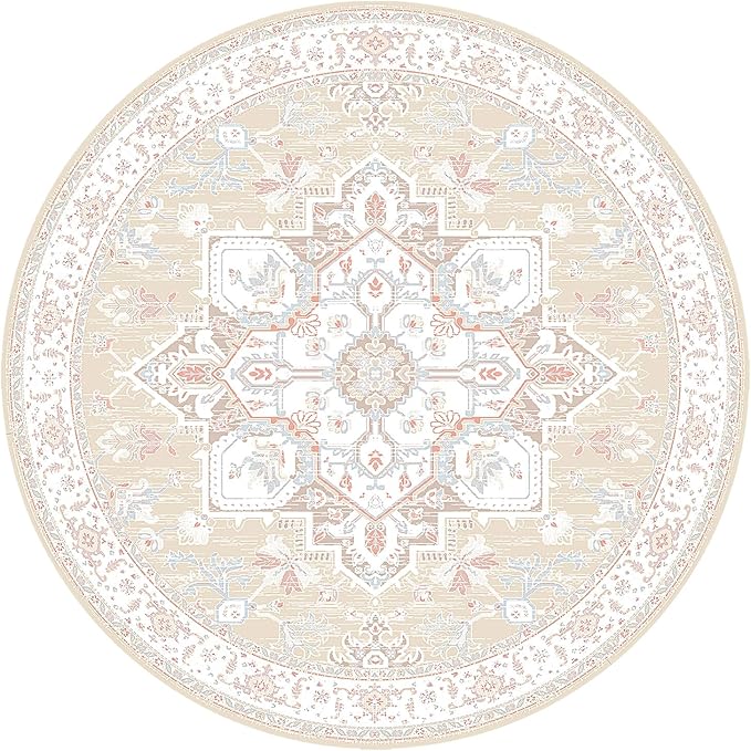 BESTSWEETIE 8ft Area Rugs for Living Room Washable Non Slip Carpet Low Pile Soft Vintage Print Pattern Rug for Bedroom Dining Room Kitchen Entryway Indoor-Cream/Light Yellow/Brown/Blue/Red/Pink