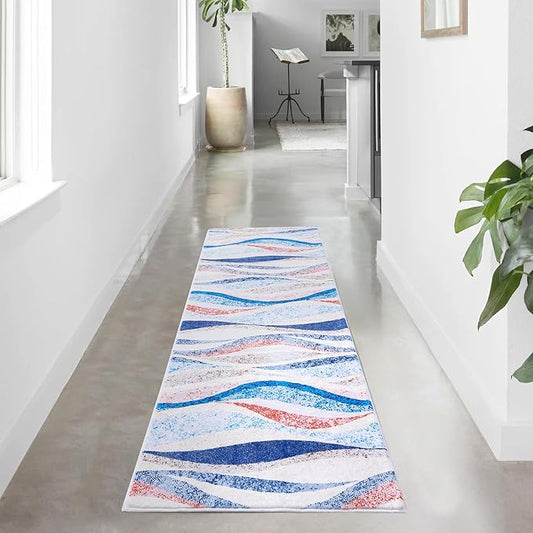 Carvapet Rugs for Hallway Laundry Bedroom, Modern Floral Low Pile Long Carpet with Rubber Backing, Foldable, Non Slip Machine Washable (8 x 2 Feet Rectangular, Orange Runner Rug)