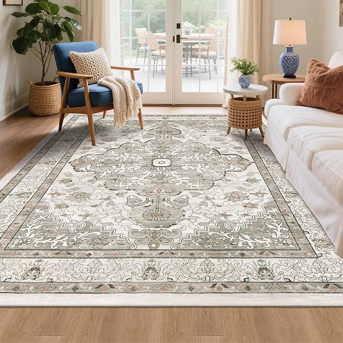 U'Artlines Boho Vintage Area Rug 5x7 Machine Washable Low Pile Soft Floor Carpet Non Slip Non Shedding Accent Rug for Living Room Bedroom Entryway Dining Room Office Grey Taupe