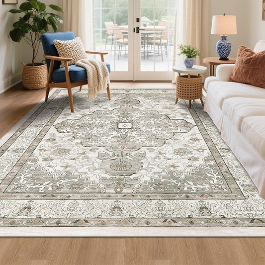U'Artlines Boho Vintage Area Rug 5x7 Machine Washable Low Pile Soft Floor Carpet Non Slip Non Shedding Accent Rug for Living Room Bedroom Entryway Dining Room Office Grey Taupe