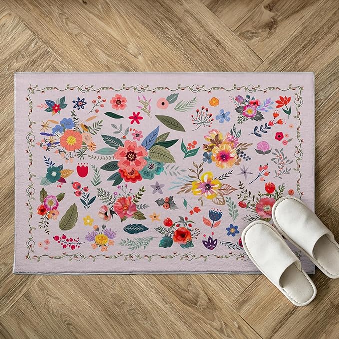 Bathroom Mat Floral Rugs Flower Botanical Modern Machine Washable Soft Plush Rug Carpet Non Slip Colorful Pink Aesthetic Area Rug for Entryway Kitchen Living Room Bedroom Dining Room Home 20x31.5 Inch