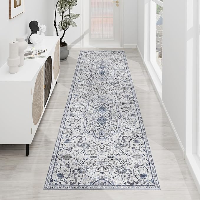 SALLOUS Runner Rug for Hallway, 3x20ft Vinyl Floor Mat for Home, Area Rug for Living Room Bedroom, Waterproof Kitchen Mat, Runner Rug for Bathroom, Entryway (Grayish Blue Bohemian-Style)
