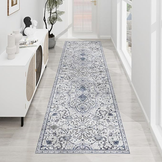 SALLOUS Runner Rug for Hallway, 3x20ft Vinyl Floor Mat for Home, Area Rug for Living Room Bedroom, Waterproof Kitchen Mat, Runner Rug for Bathroom, Entryway (Grayish Blue Bohemian-Style)