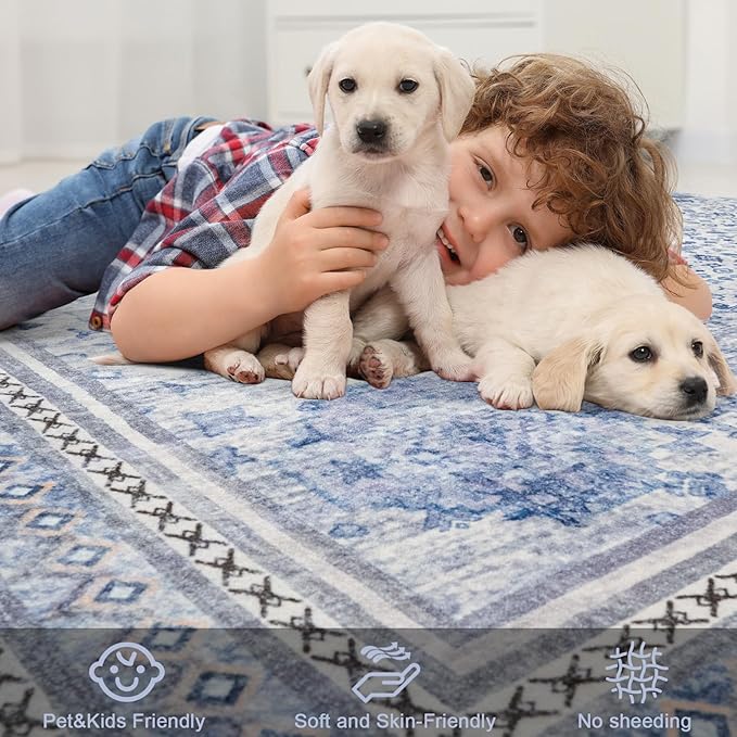 Maxsoft 8x10 Area Rug,Vintage Machine Washable Rugs for Living Room, Soft Non-Slip Low Pile Rug, Stain Resistant Rugs for Kitchen, Bedroom, Dining Room,Laundry Room,Nursery (Light Purple)