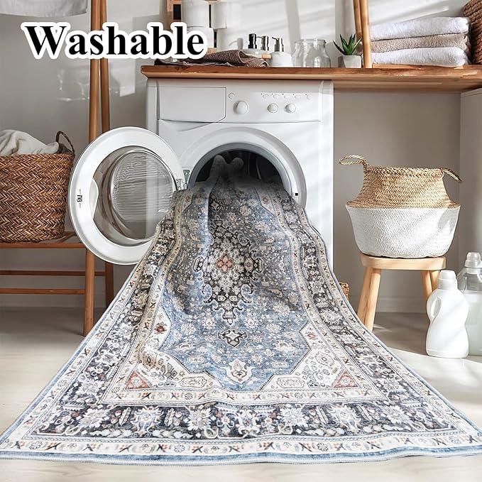 Washable Area Rug - 6x9 Bedroom Living Room Large Indoor Rugs Soft Oriental Vintage Rugs Non-Slip Backing Stain Resistant for Farmhouse Kitchen (6x9 Navy Blue)