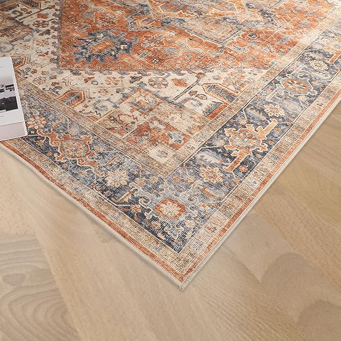 Dripex 5x7 Area Rugs, Machine Washable Non Slip Distressed Boho Rugs, No Pile Lightweight Vintage Rug, Floor Carpet for Living Room,Dining Room,Bedroom and Office,Orange