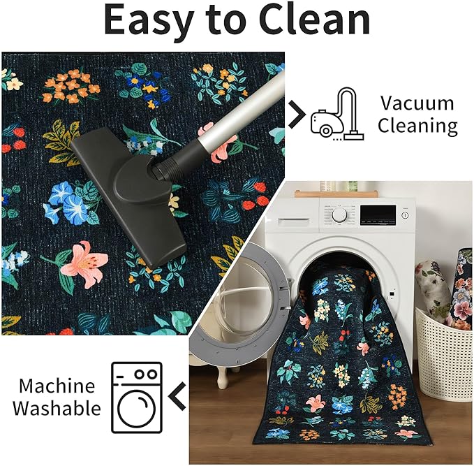 2x6 Floral Runner Rug Soft Non-Slip Machine Washable Kitchen Rug Runners for Hallway Bedroom Laundry Entrance Indoor Carpet, Flower Accent Throw for Girls Room, Navy Blue