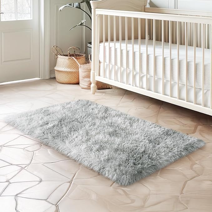 2x3 Rug for Bedroom, Fluffy Area Rugs for Living Room, Small Soft Shag Fuzzy Shaggy Carpets for Kids Boys and Girls Dorm with 4 Non-slip Rug Tapes for Room Home Decor (2ft x 3ft, Tie-dyed Grey)