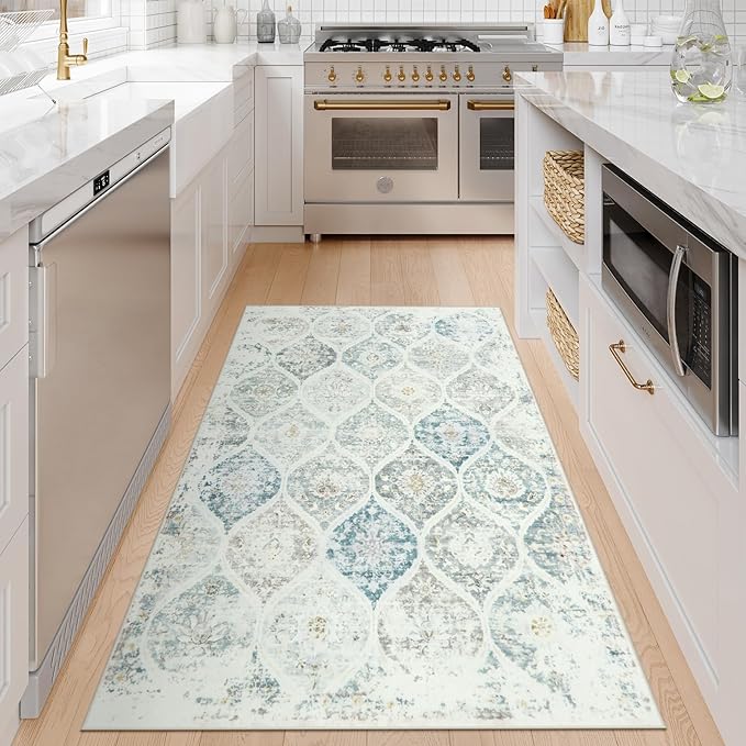 LIVEBOX Entryway Rug 3x5 Washable Area Rugs for Kitchen Bathroom, Boho Non-Slip Front Door Mat for Bedroom, Moroccan Low-Pile Carpet Throw Indoor Mats for Bath Laundry Room, Grey/Blue