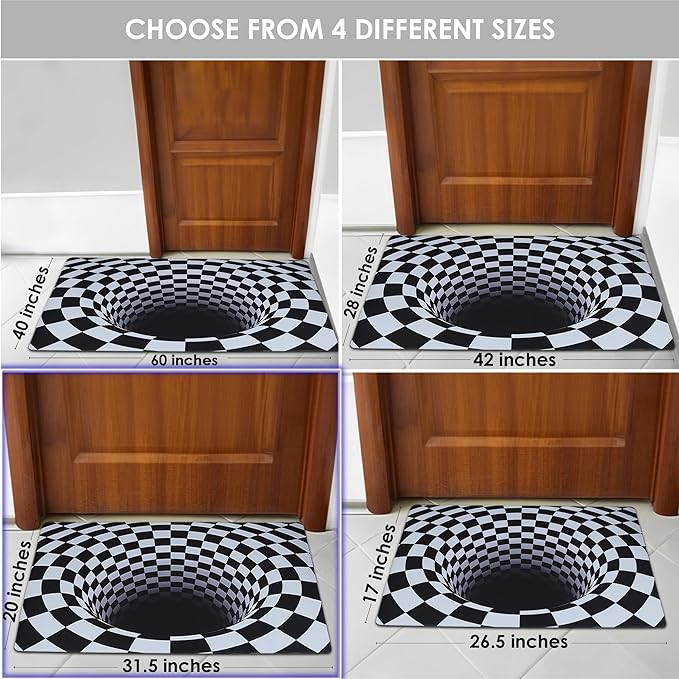 3D Optical Illusion Rug - Vortex Illusion Floor Mat for Door Entrance, Bathroom, Stairs, playroom, Living Room, or Area (Black and White, 31.5 x 20 Inch)