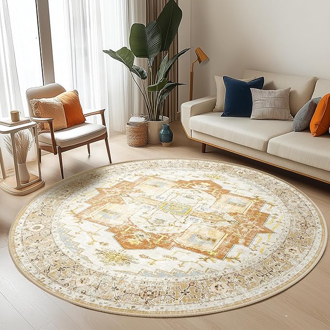 Washable 6ft Area Rugs, Rugs for Living Room, Low-Pile Water&Stain Resistant Carpet Vintage Distressed Printed Non-Slip Carpet for Bedroom Bathroom Kitchen-Orange