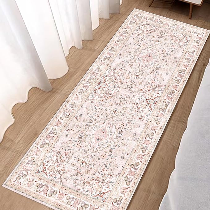 Vhong Pink Area Rugs Washable Boho Vintage Modern Neutral Runner 2×6 Carpet for Kitchen Hallway Living Room Girls' Room Nursery Room Non Slip