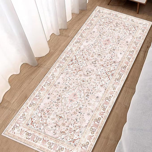 Vhong Pink Area Rugs Washable Boho Vintage Modern Neutral Runner 2×6 Carpet for Kitchen Hallway Living Room Girls' Room Nursery Room Non Slip
