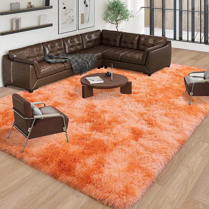 8x10 for Living Room Rugs, Plush Thick Carpets for Boy and Girls Room, Modern Soft Shag Area Rugs for Bedroom, Non Slip, Large Indoor Carpet for Nursery Dorms Home Decor Aesthetic, Orange