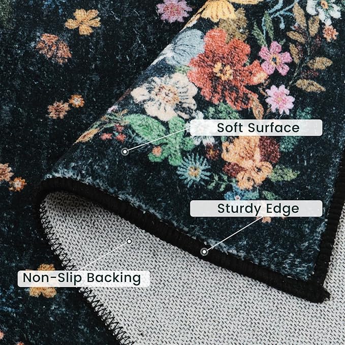 2x3 Floral Entryway Rugs Indoor Washable Rug, Black Kitchen Rugs Non Slip Bathroom Rugs Vintage Throw Rugs, Boho Front Door Rug Small Area Rugs for Bedroom Bedside Entry Entrance Sink