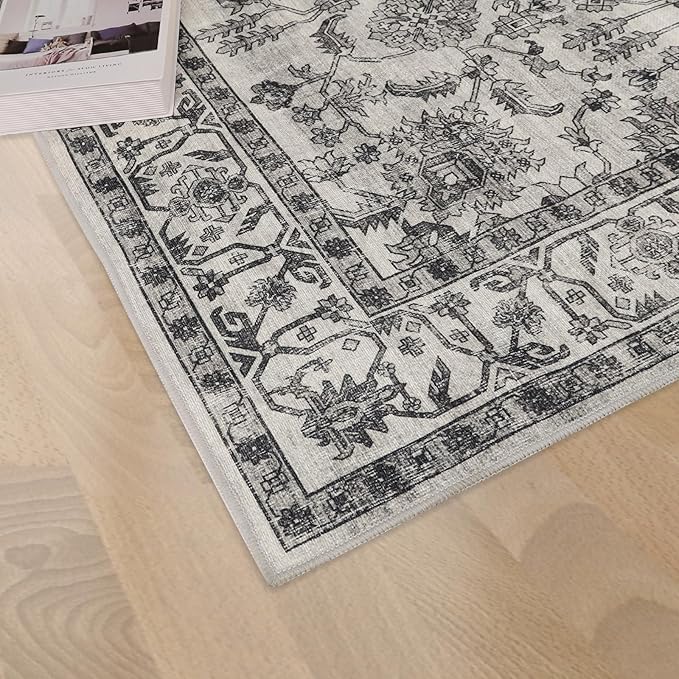 Dripex 4x6 Area Rugs, Machine Washable Non Slip Boho Rugs,Distressed Bedroom Rug, No Pile Lightweight Vintage Rug, Floor Carpet for Living Room,Dining Room and Office,Grey
