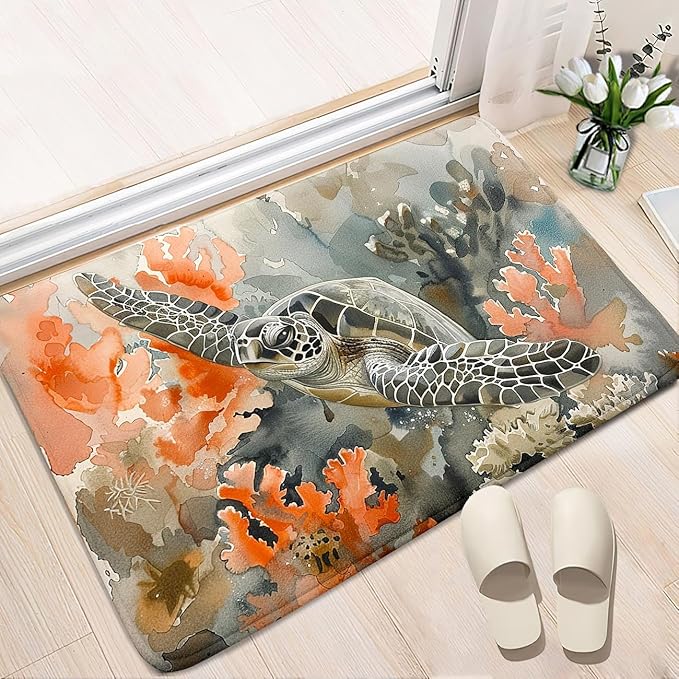 Sea Turtle Carpet Rug - Kids Coastal Rugs for Bedroom Ocean Life Theme, 35" L x 23" W