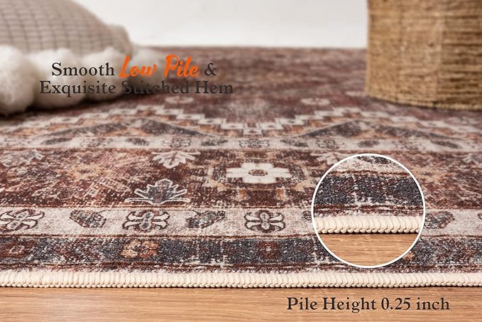 Rugland 2'6x8' Runner Rug, TPR07-Rust, Vintage Tribal, Stain Resistant, Anti-Slip Backing, Machine Washable, Low Pile, Indoor, Rug