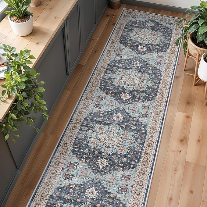 Washable Oriental Hallway Runner Rug - 3x20 Rugs for Living Room Soft Carpet for Bedroom Kitchen Waterproof Floral Distressed Indoor Stain Resistant Non-Shedding Floor Carpets (Blue/Teal/Orange, 3X20)