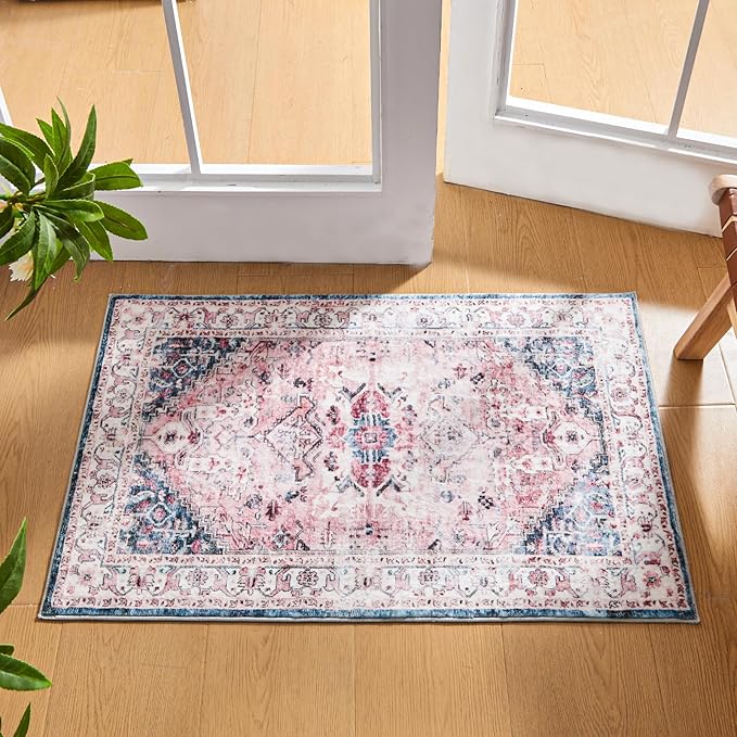 2x3 Washable Area Rugs 2x3 Entryway Rug Pink Door Mate Indoor Entryway Rugs Pink Boho Entryway Rug No Shedding Low Pile Soft Small Area Rug for Door Mat Bedroom Dining Room Kitchen