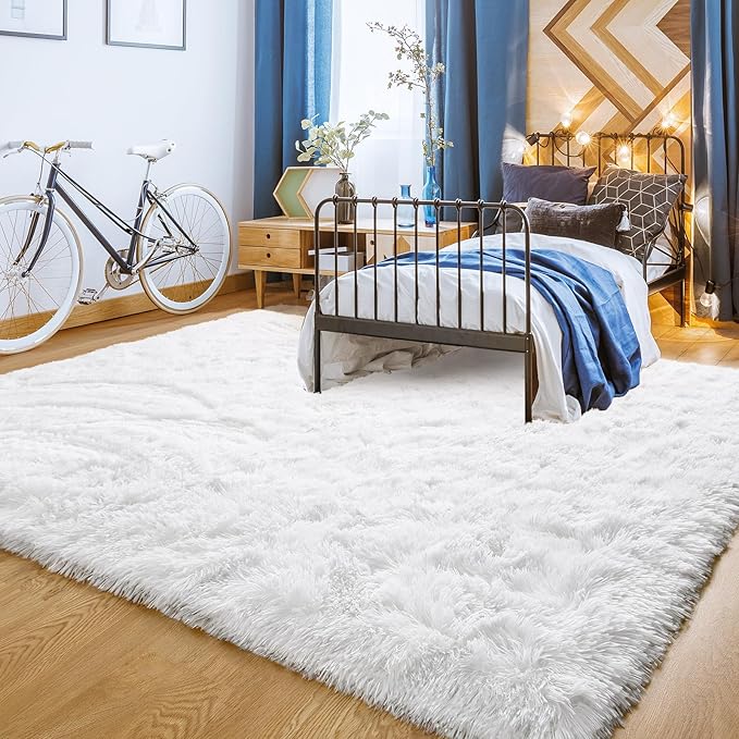 YJ.GWL Area Rugs for Living Room Bedroom, 4x6 Machine Washable Large White Carpet, Soft Fluffy Shaggy Thick Big Shag Indoor Floor Rug for Kids Boy and Girls Room Dorm Home Decor Aesthetic