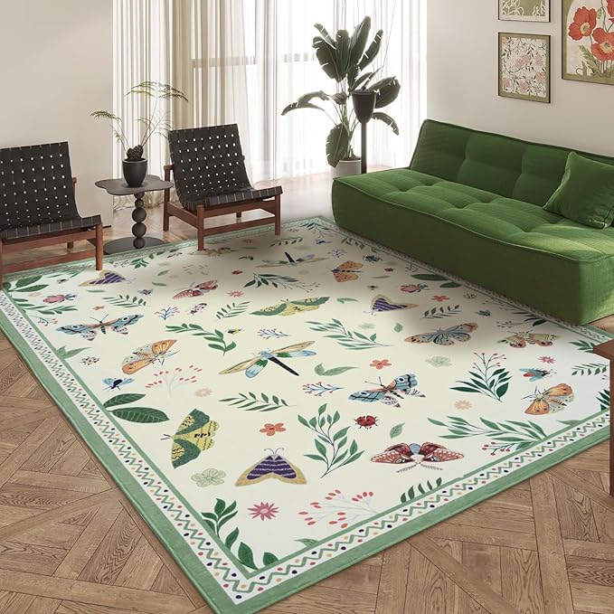 ASPMIZ Insect Area Rug 5X7, Beige Bedroom Rug Non Slip, Spring Summer Washable Rug Farmhouse Butterfly Living Room Rugs Low Pile, Soft Faux Wool Throw Carpet for Dining Room Office Nursery, Beige