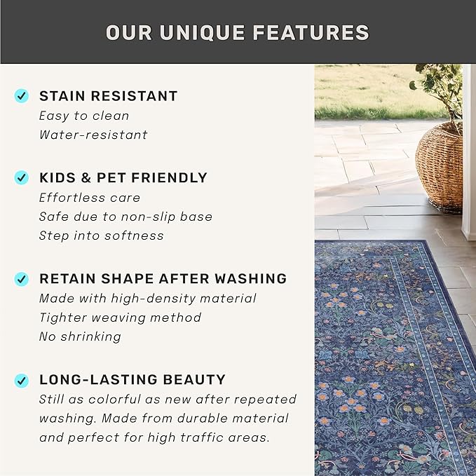 Vintage Dark Blue 3x5 Area Rugs for Entryway, Bedroom Beside Rug, Kitchen, Laundry Room, Non-Slip Low Pile Ultra Soft Stain Resistant Small Floral Carpet