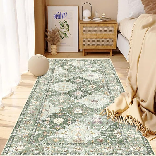 Boho Vintage Area Rugs 2×6 Washable Non-Slip Traditional Green Runner Rug for Hallway Kitchen Entryway