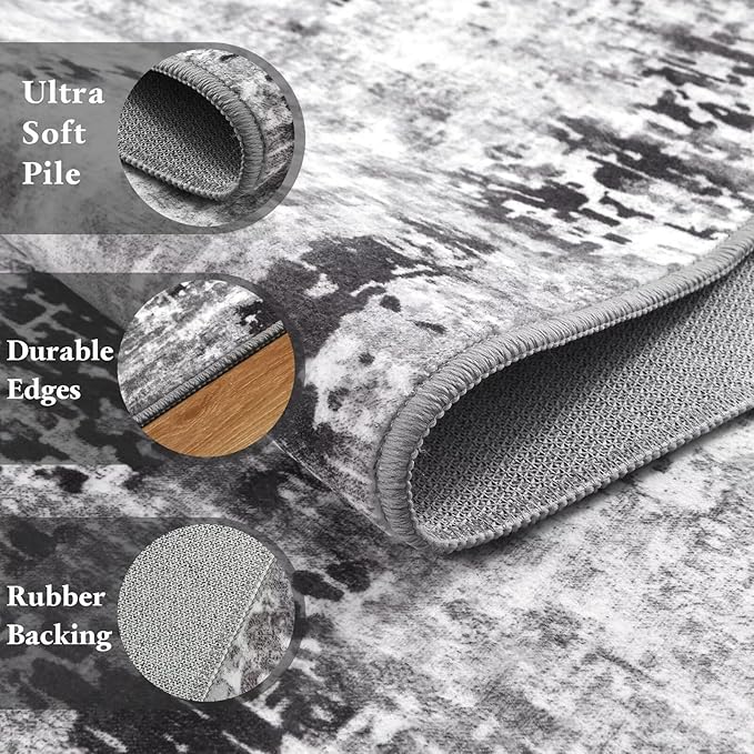 Washable Abstract Rug, 2x3 Small Modern Area Rugs with Non-Slip Rubber Backed for Kitchen, Thin but Soft Throw Carpet Bedroom Entryway Front Door Decor, Dark Grey